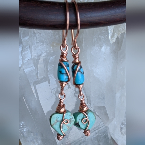Authentic Turquoise Heart Earrings Copper Wire Wrap Dangle Drop - Picture 2 of 9